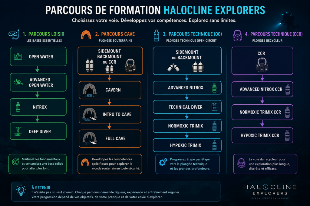Schéma illustrant les différentes voies de progression en plongée loisir, technique, CCR et plongée souterraine.