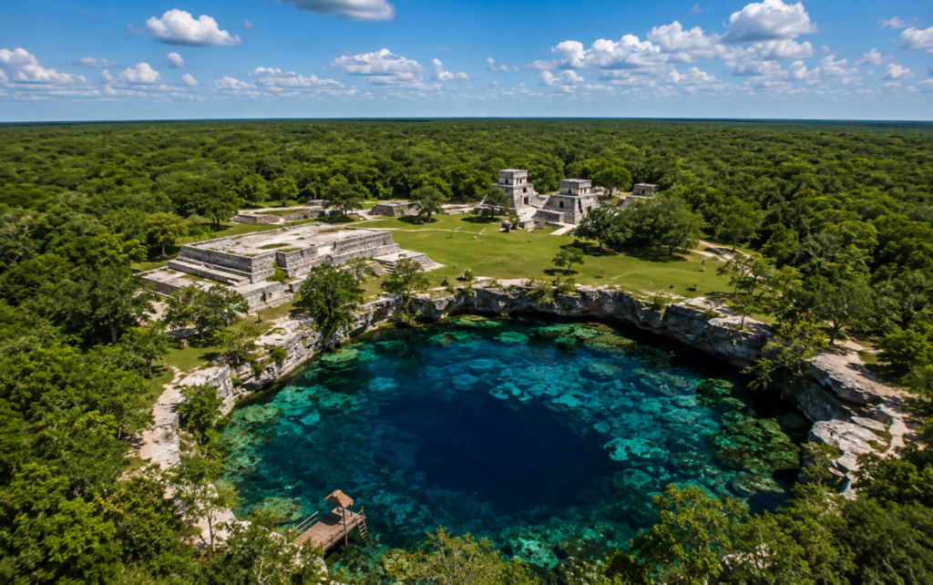 Cénote et ancienne cité maya dans la péninsule du Yucatán Vue aérienne d'un cénote entouré d'une ancienne cité maya dans la péninsule du Yucatán, illustrant l'importance des cénotes pour le développement des communautés mayas.