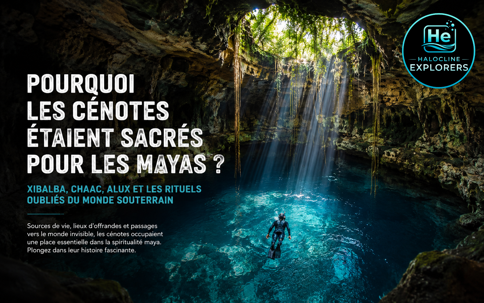 cenotes sacres Rayons de lumière illuminant un cénote sacré du Yucatán, symbole des croyances mayas et de la plongée en cénote au Mexique.