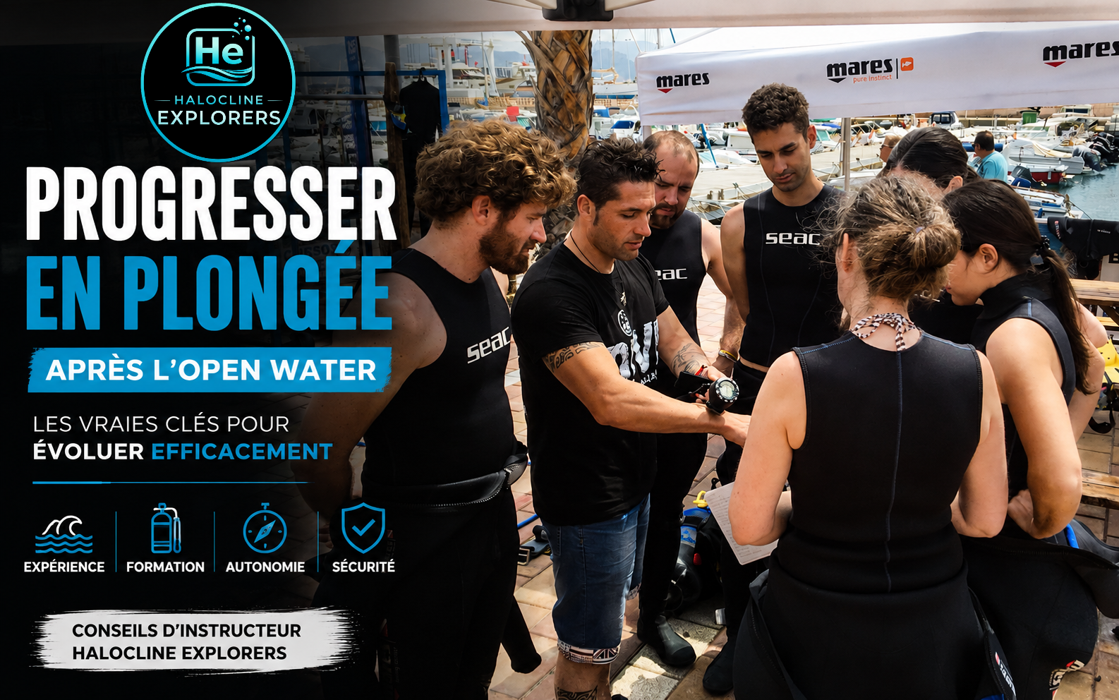 Comment progresser rapidement en plongée après l’Open Water : les vraies clés pour évoluer efficacement file Instructeur expliquant les procédures de plongée à un groupe d'élèves avant une formation Open Water au Mexique.
