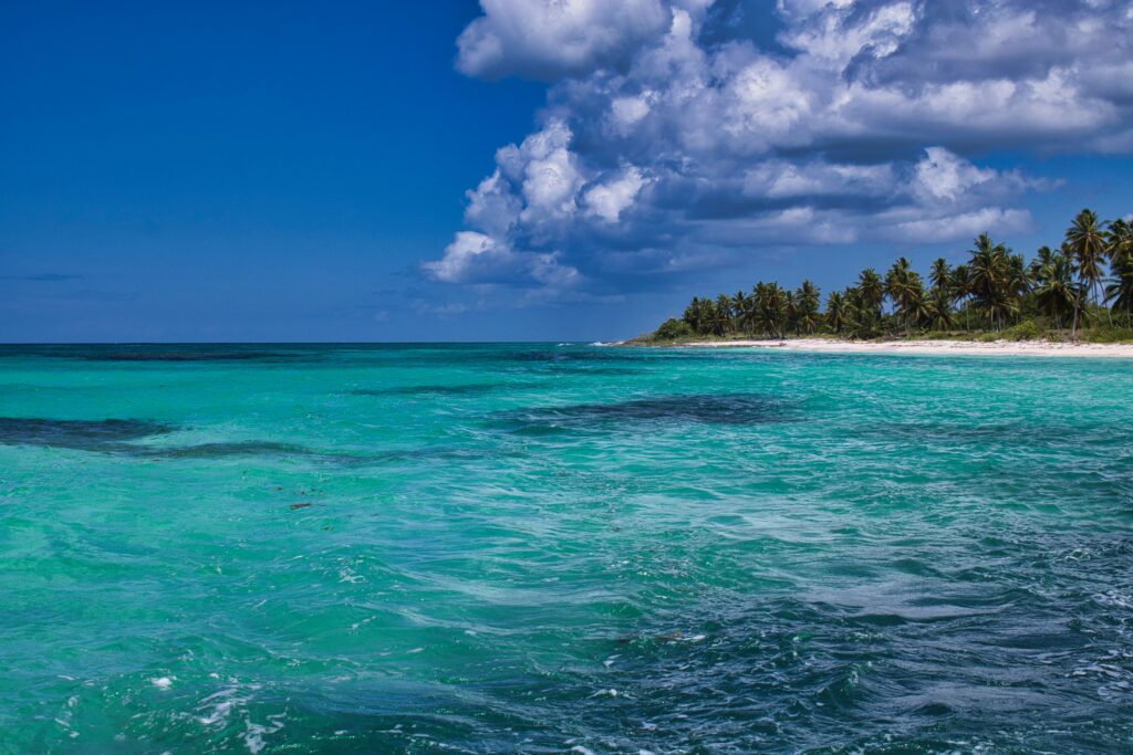 pexels photo 10490921 10490921 Breathtaking view of a tropical beach with turquoise waters, palms, and skies filled with clouds.