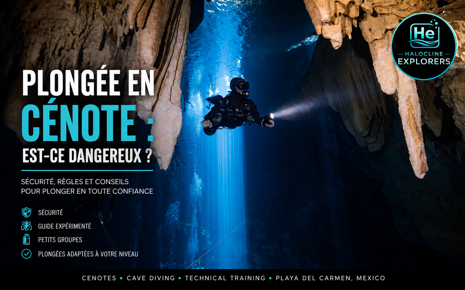 Plongeur explorant un cénote de la Riviera Maya, au Mexique, entre des stalactites avec des rayons de lumière traversant l'eau cristalline.