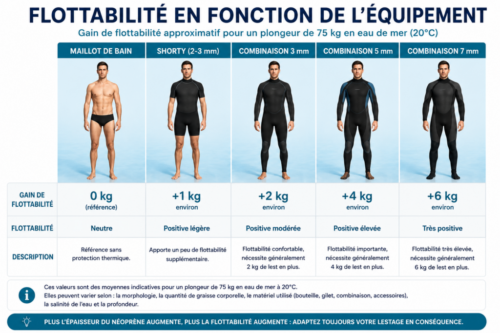 Influence approximative des différentes épaisseurs de combinaison sur le lestage. Influence approximative des différentes épaisseurs de combinaison sur le lestage.