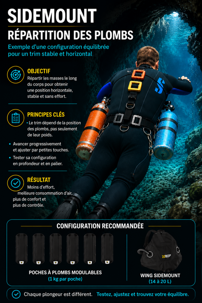 Exemple de répartition des plombs sur une configuration sidemount. Exemple de répartition des plombs sur une configuration sidemount.