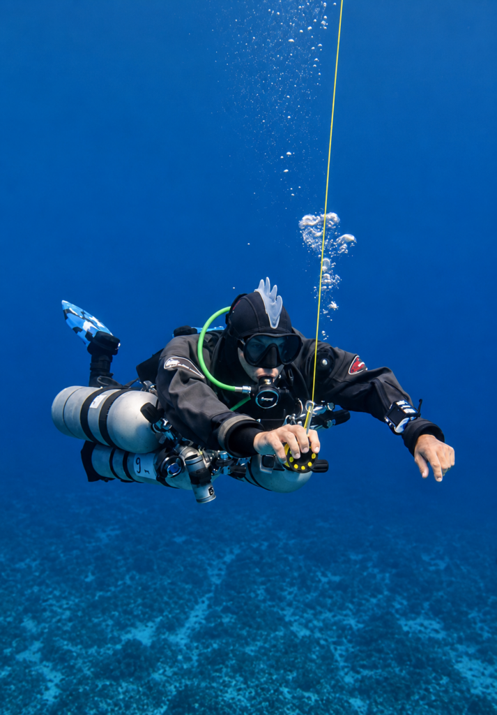 Plongeur en sidemount technique parfaitement horizontal avec quatre bouteilles et un parachute de palier (SMB), illustrant la maîtrise du trim, de la flottabilité et de l'autonomie.