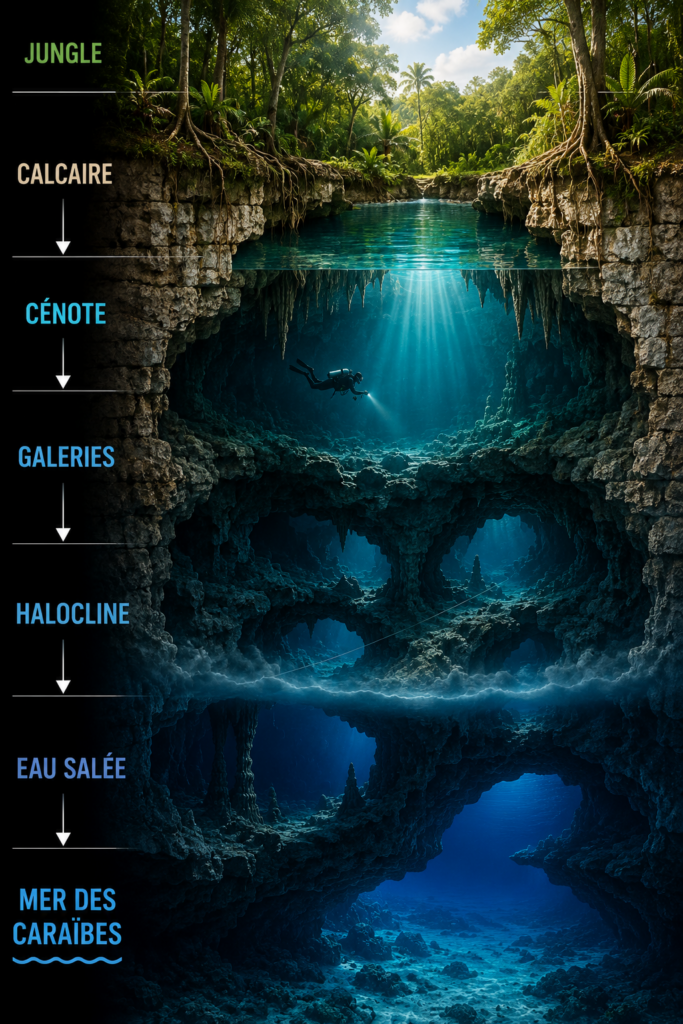 Coupe géologique d'un cénote montrant la jungle, le calcaire, les galeries souterraines, l'halocline, l'eau salée et la connexion avec la mer des Caraïbes.