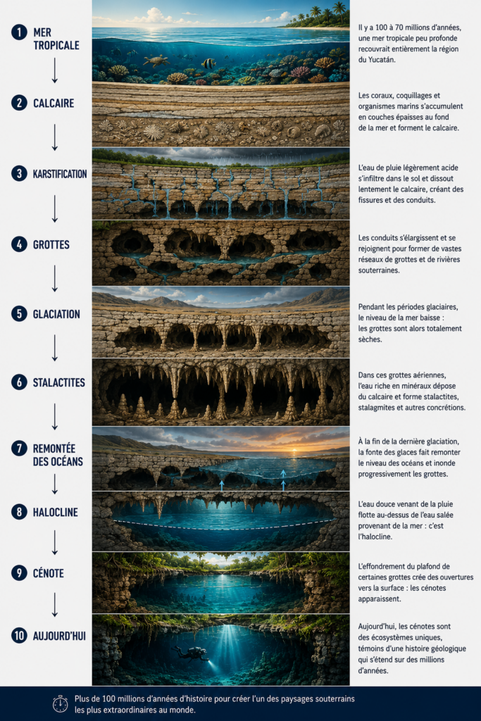 Frise chronologique illustrant les principales étapes de la formation des cénotes du Yucatán, depuis la mer tropicale jusqu'aux cénotes actuels.