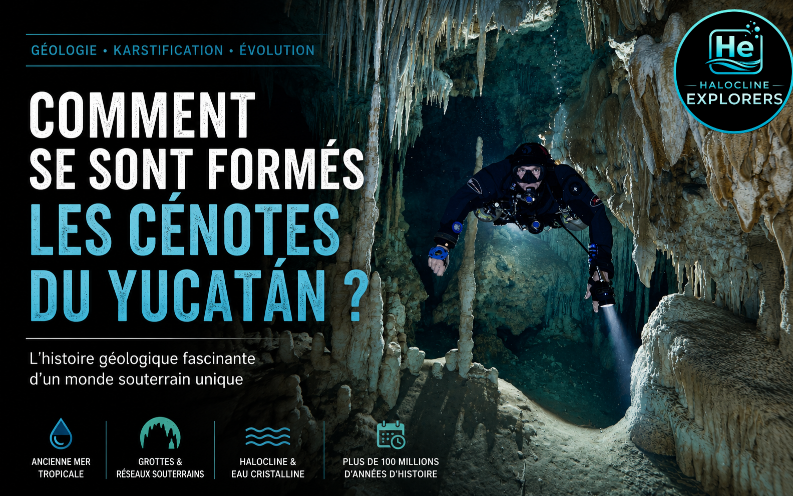 Comment se sont formés les cénotes du Yucatán ? L'histoire géologique fascinante d'un monde souterrain unique Plongeur explorant une galerie ornée de stalactites dans un cénote du Yucatán, illustrant la formation géologique des cénotes au Mexique.