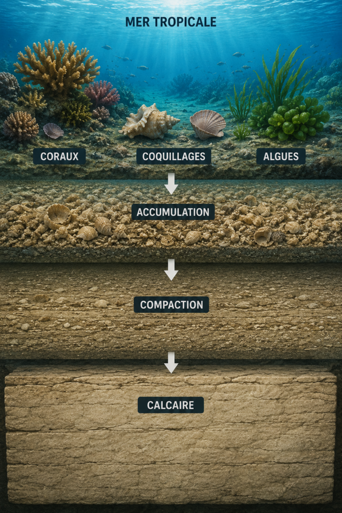 Illustration montrant la formation du calcaire à partir des coraux, coquillages et algues dans une ancienne mer tropicale recouvrant le Yucatán.