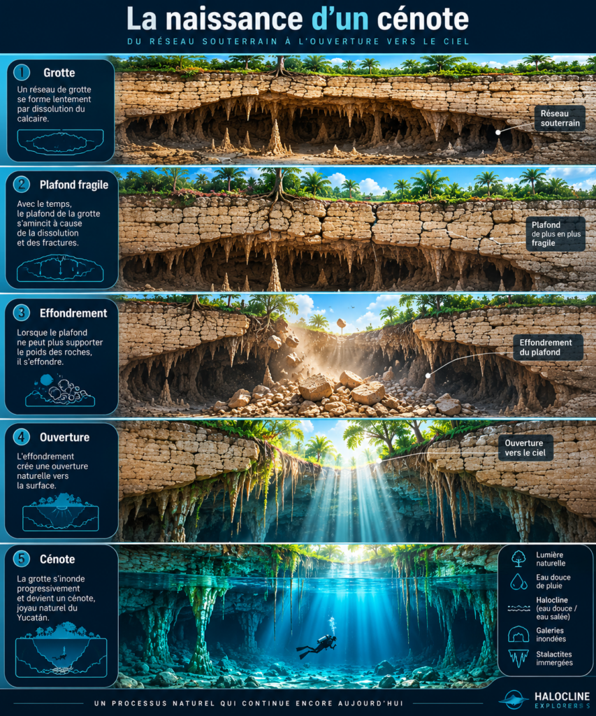 Illustration montrant les différentes étapes de la formation d'un cénote par effondrement du plafond d'une grotte dans le calcaire du Yucatán.