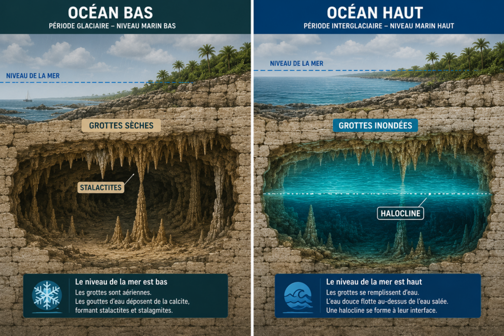 Comparaison entre une grotte sèche durant une période glaciaire et une grotte inondée après la remontée du niveau de la mer, montrant l'apparition de l'halocline.