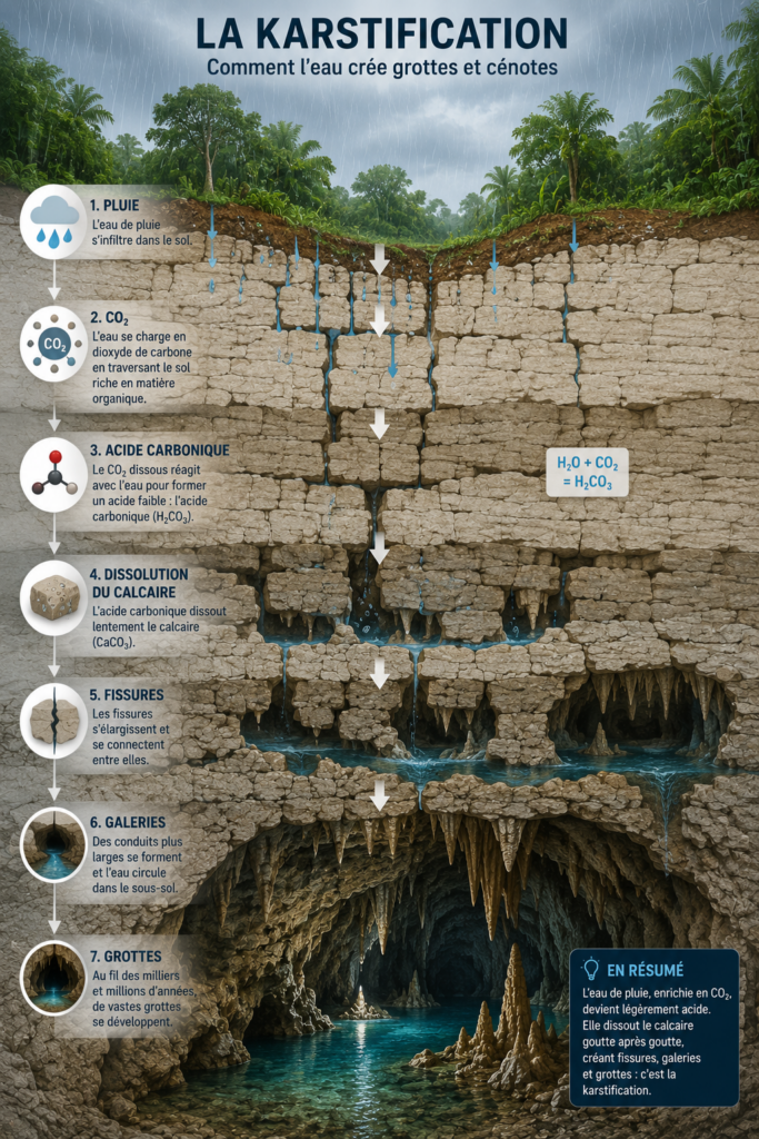 Schéma illustrant la karstification : l'eau de pluie enrichie en dioxyde de carbone dissout progressivement le calcaire pour former des fissures, des galeries puis des grottes souterraines.